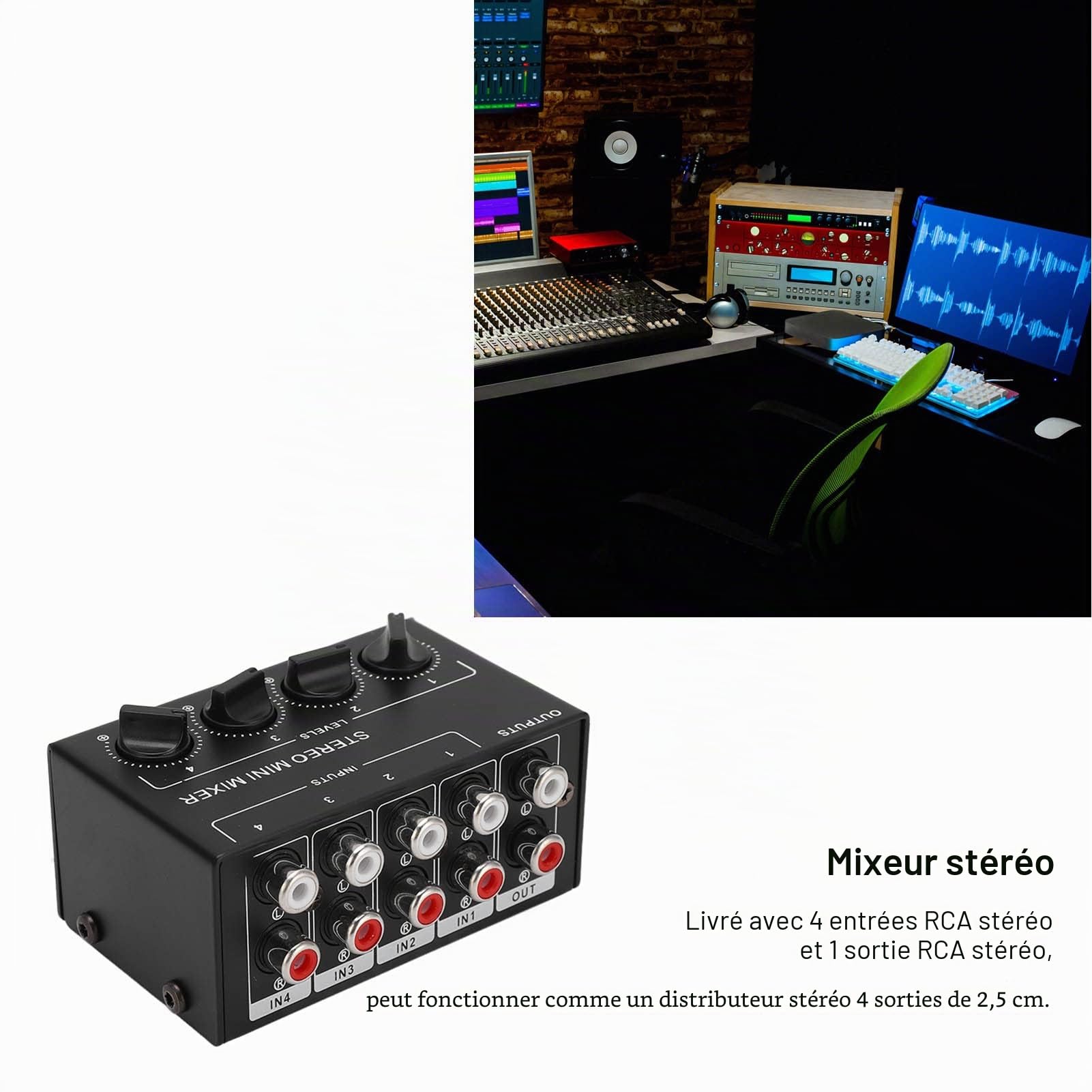 Mélangeur Audio Stéréo Mini Mélangeur Passif 4 Canaux 1 Entrée 4 Sorties Audio Table de Mixage Audio Mixer Stéréo Mixer pour Ordinateur Téléphone Tablette Lecteur CD