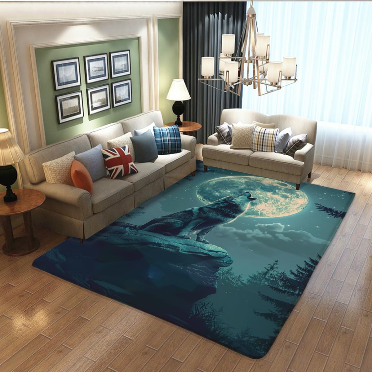 Wolf Theme Rugs for Home use, Super Soft Non-Slip Washable Rugs, Howling Moon Wolf Rugs at Night Wolf Series Rugs, Wolf Rugs can be Used in Living Room Bedroom boy Gifts 24x36inch