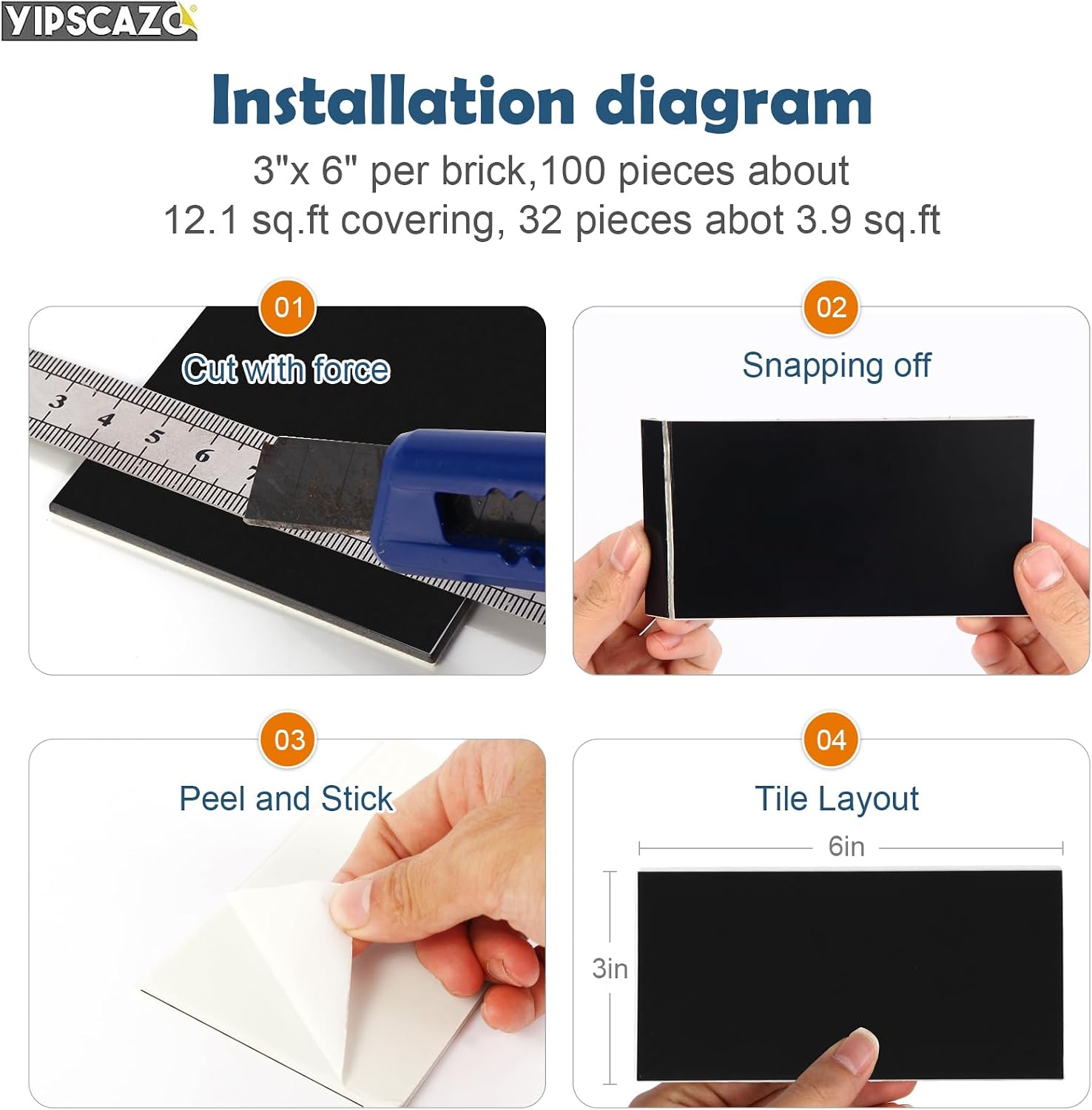 Yipscazo 2026 New Upgrade Peel and Stick backsplash 3 x 6 Inches 3D PVC Composite Wall Tile Stick on Backsplash Tile for Kitchen Bathroom, Laundry Room, Fireplace(Pure Black, 100 Pieces)