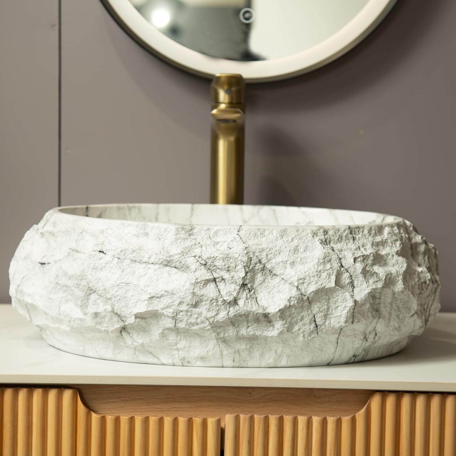Ambrovina 18" Bathroom Sink, Irregular Oval Resin Vessel Sink with Stone Pattern, Artistic Style Basin, Modern Above Counter Basin, 17.72 x 15.75 x 5.91 inches, White