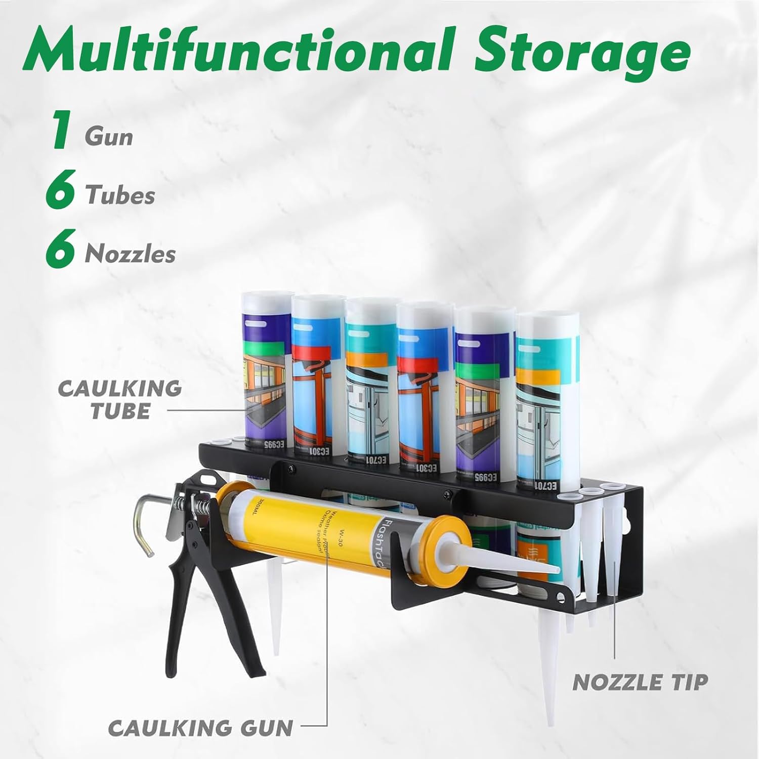Wall-Mounted Caulk Gun & Tube Rack, 6-Hole Sealant Organizer with Horizontal Base, Work Truck Van Storage Organizer, Holds Caulk Gun, Sealant Tubes & Nozzles (16.54x4.33x4.33 Inches)