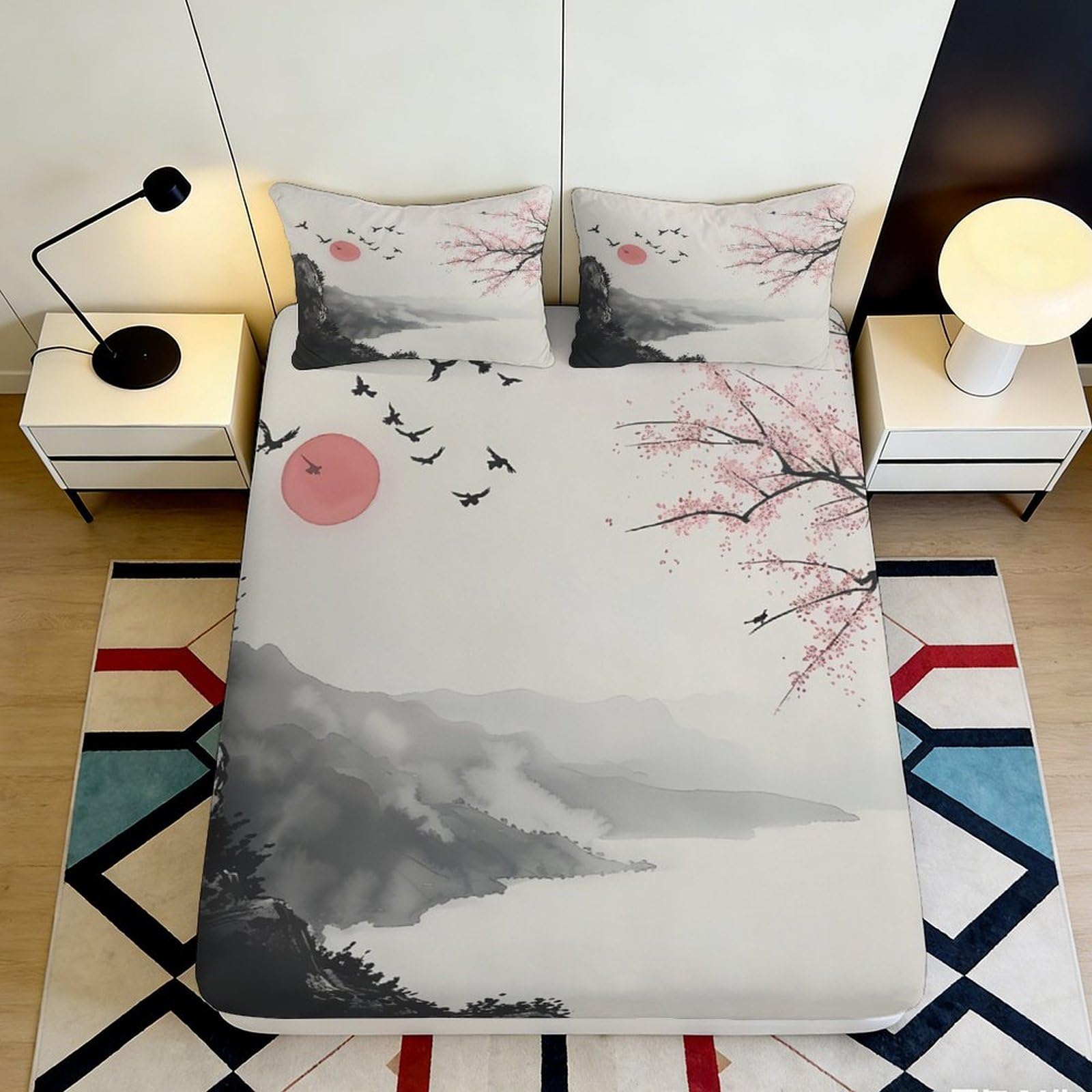 3D Printed Ink Wash Landscape Fitted Sheet Microfiber Soft Breathable Cherry Blossom Bed Cover for Bedroom Decor 90x200x25cm