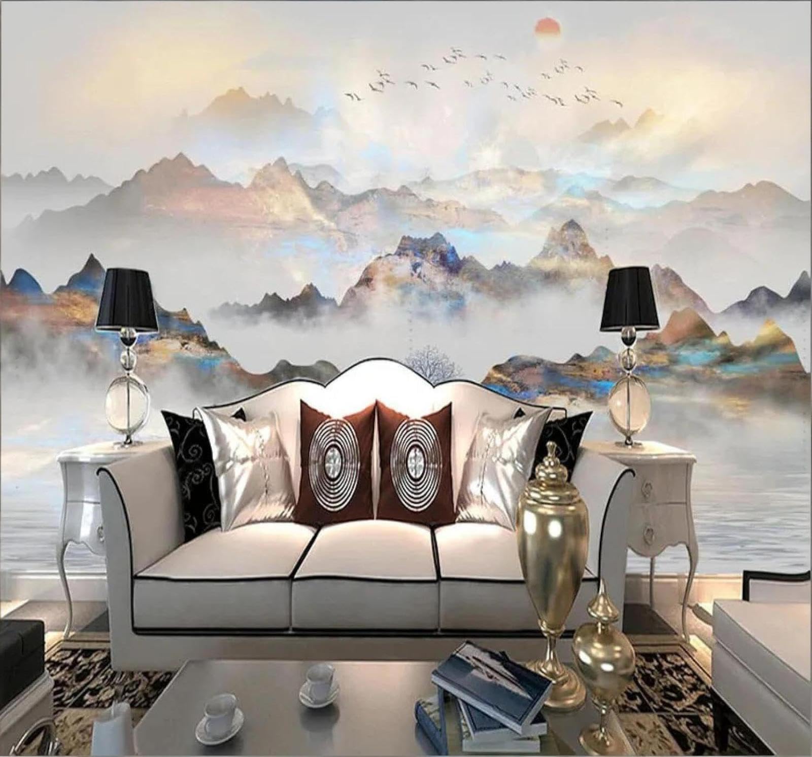 XLMING Hand Drawn Ink Wash Landscape Sunrise Scenery 3D Wallpaper Luxury Silk Study Dining Feature Sofa Grey Bedroom Living Room Tv Decorative Wall-150cm×105cm