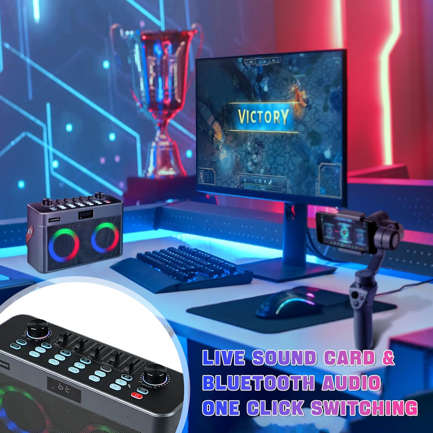 Audio Mixer for Karaoke, Karaoke Machine with 2 Wireless Microphones, Portable Bluetooth Speaker for Adults Home Party, Bass Treble Correction Echo Adjustment, Support USB/TF Card/AUX/Live