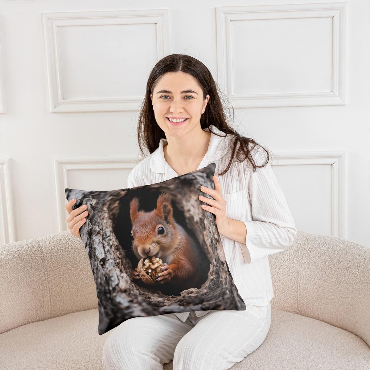 Feelyou Squirrel Pillow Case Cushion Cover Kids Cute Animal Throw Pillow Cover 24"x24" Soft Decor Botanical Tree Decorative Throw Pillowcase Natural Wild Animal Brown Cushion Case Bedroom