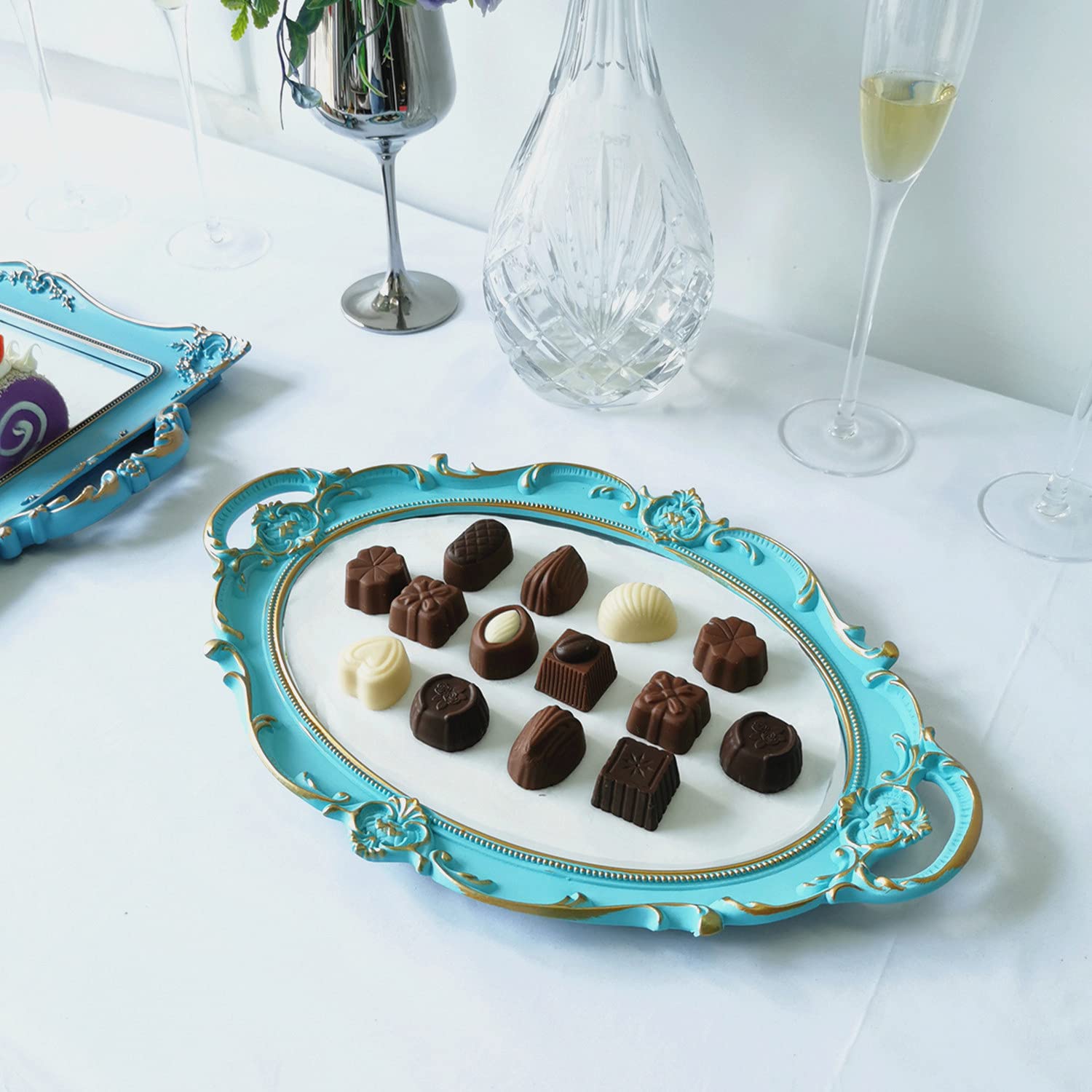 Yamfurga Oval Decorative Mirror Tray, French Style, Makeup Organizer, Jewelry Organizer, Serving Tray, 9.8