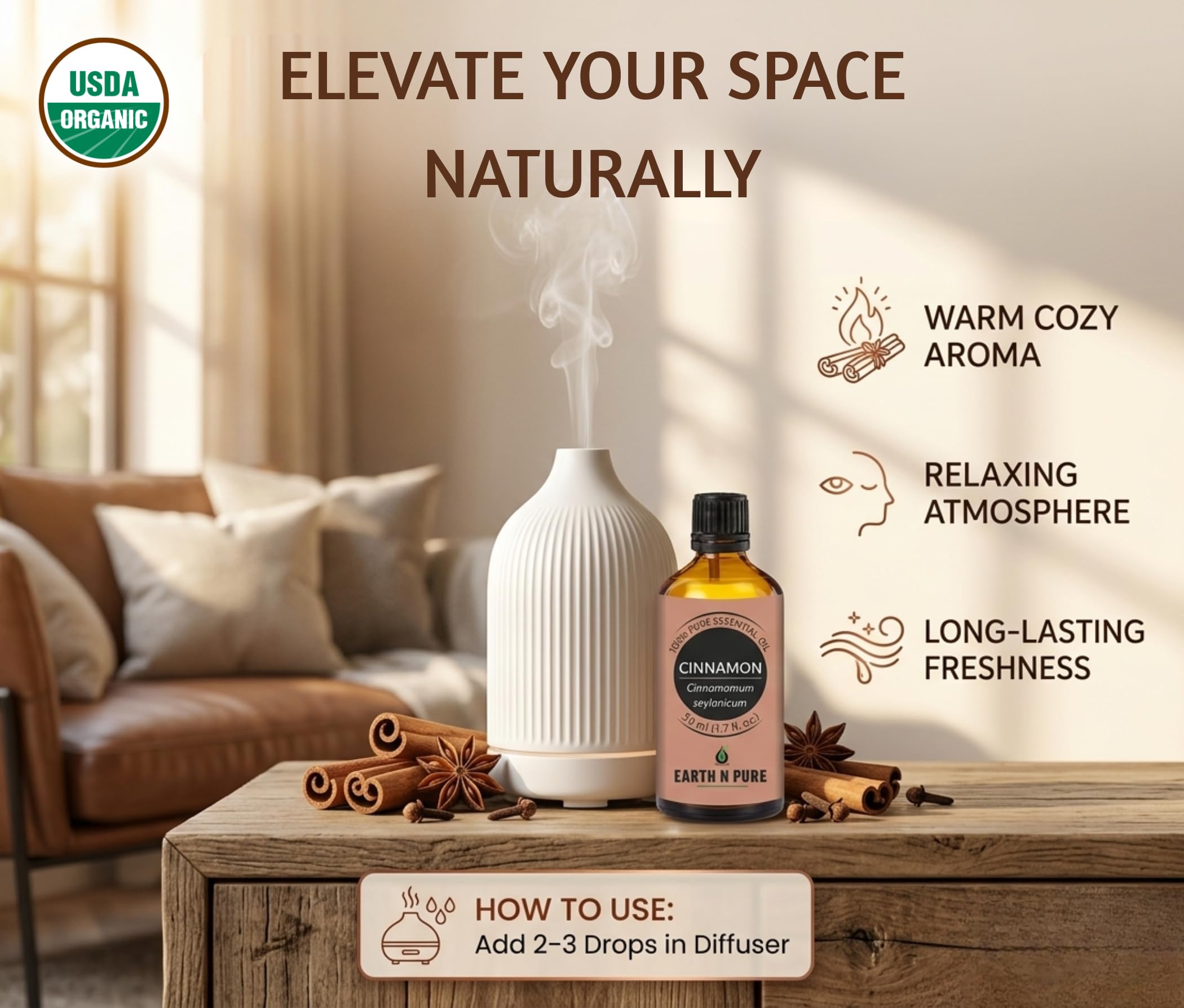 Earth N Pure Cinnamon Essential Oil | 100% Pure & Undiluted | Steam Distilled | Warm Ambiance, Muscle Comfort & Focus | 30ml 1