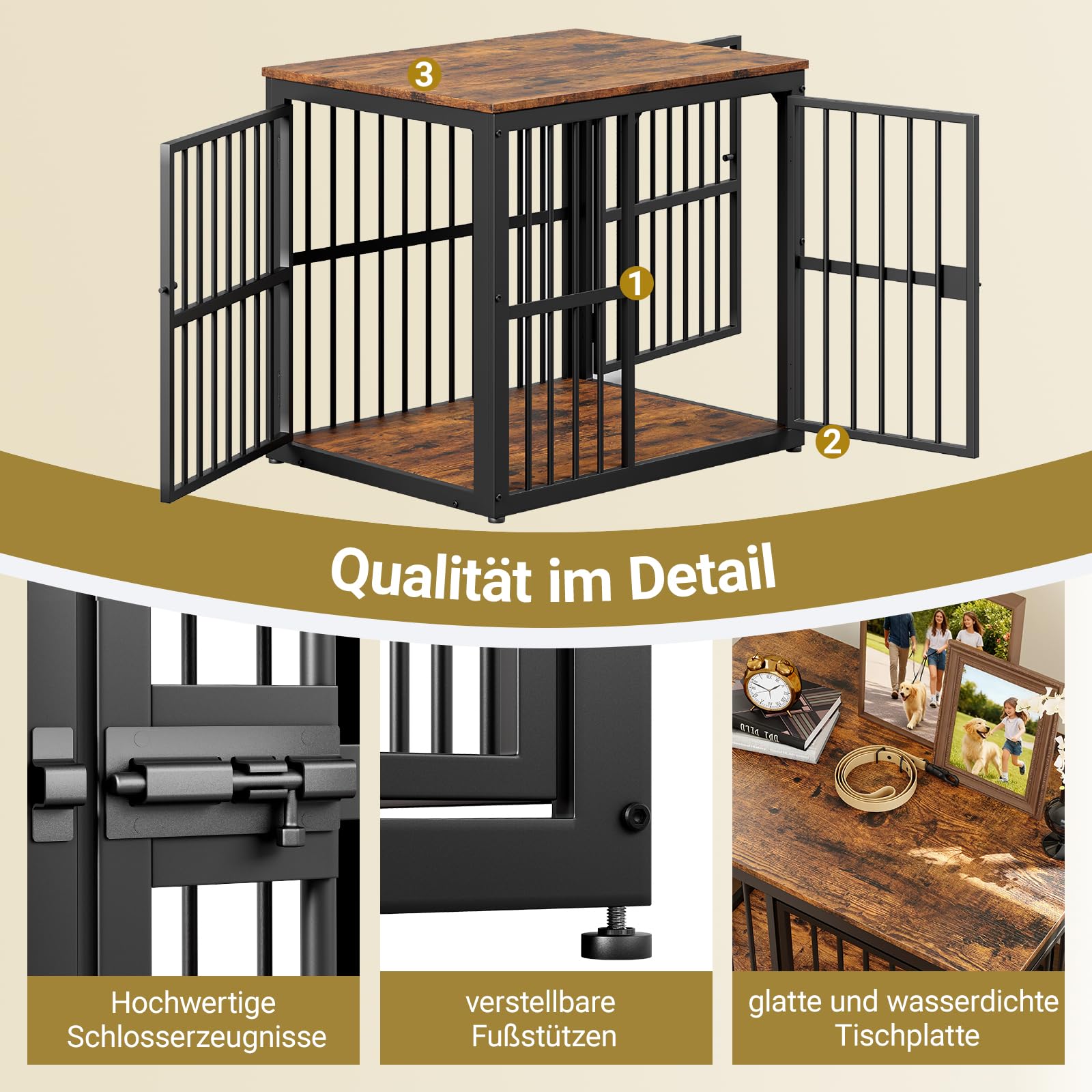 MURUL Hundekäfig Möbel, Modular & Stapelbar, 3 Türen, Wasserfeste Tischplatte, Beistelltisch & Nachttisch, Retro-Braun/Schwarz