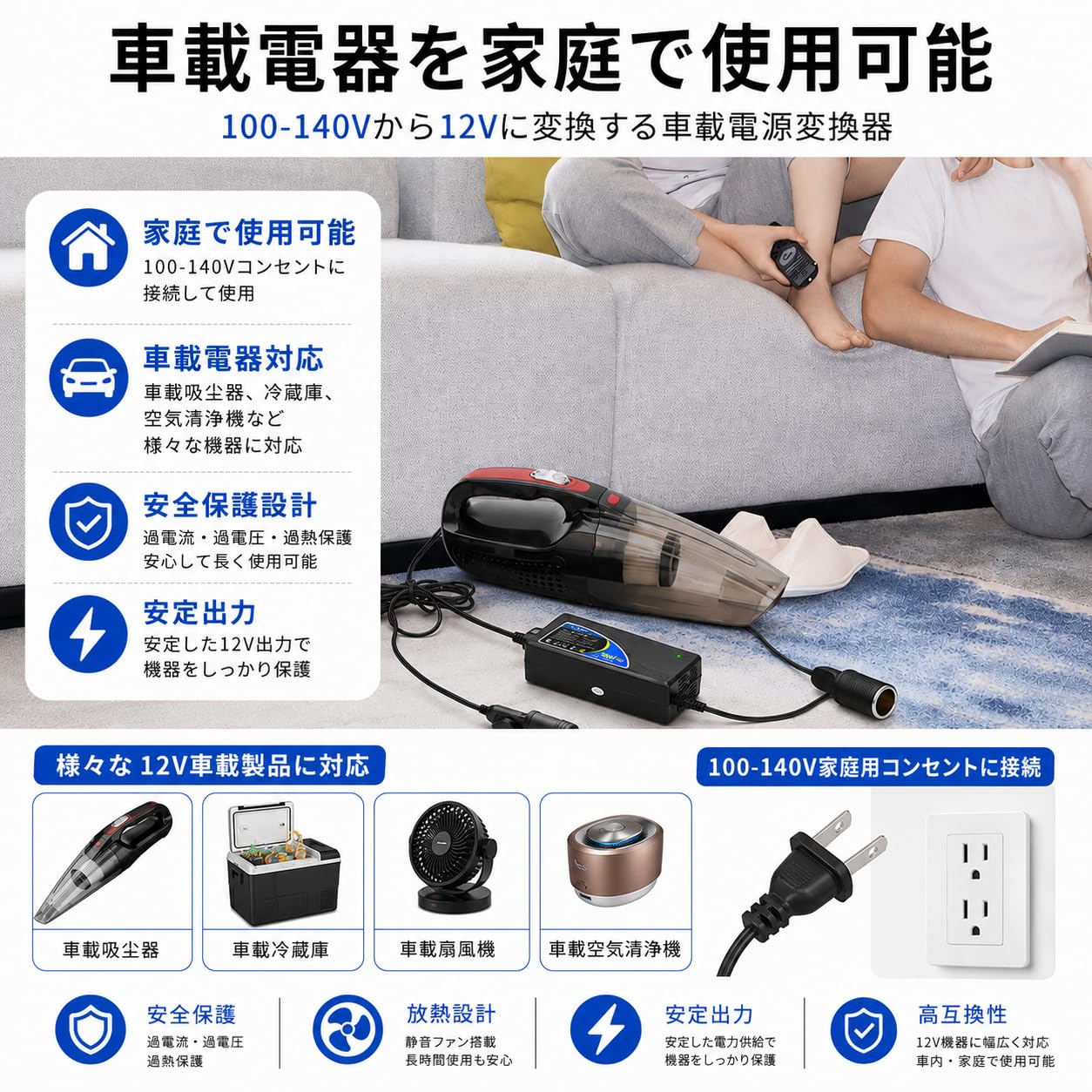 Yutasa AC/DC変換アダプター 12V 30A 360W シガーソケット対応 AC100V-140V対応 家庭用コンセント変換 車載機器対応 電源コンバーター 空気入れ 車載炊飯器 カー冷蔵庫対応 冷却ファン搭載