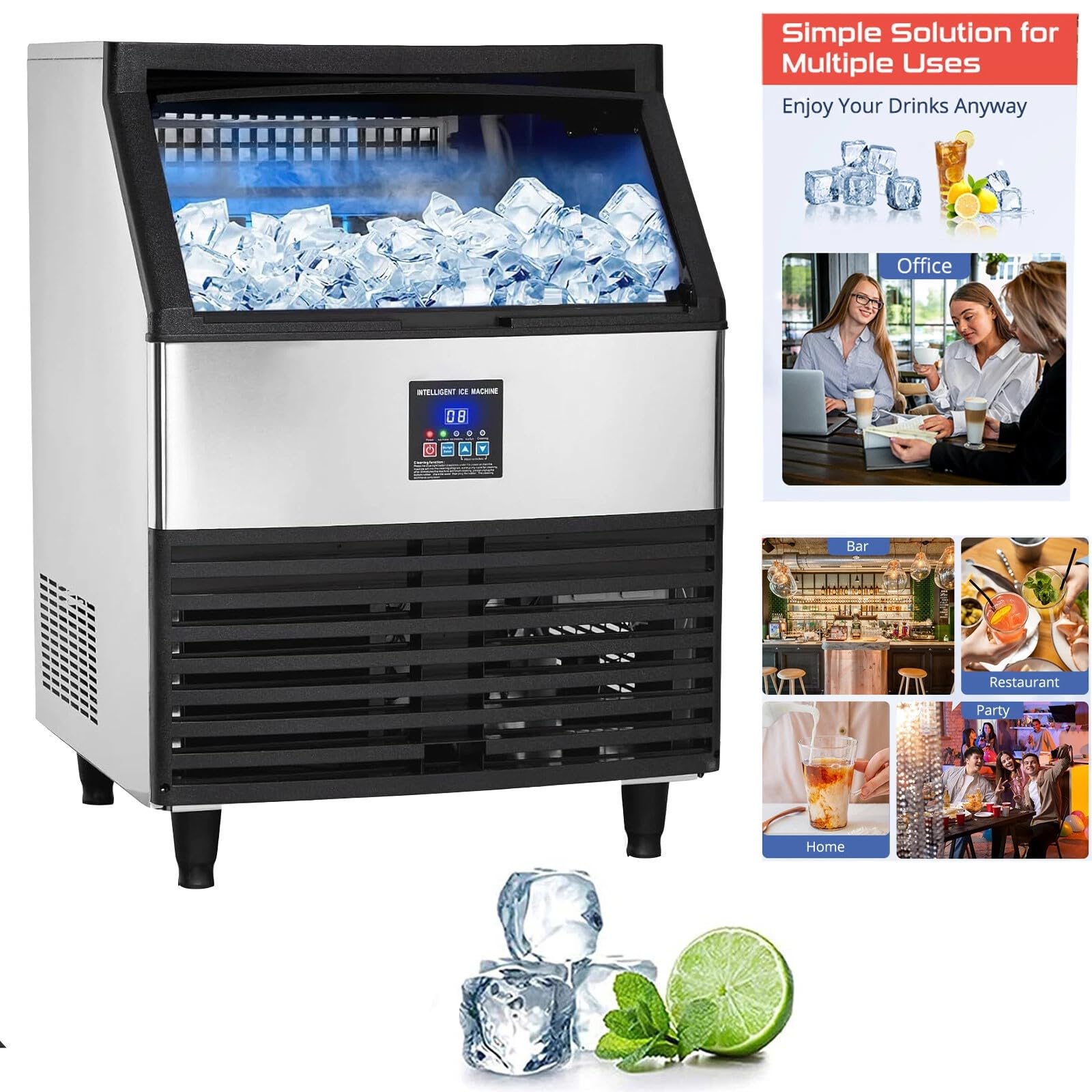 Kommerzielle Eismaschine Eiswürfelmaschine 200 kg/24 Std, Kommerzielle Eiswürfelmaschine Freistehender Eismaschine mit Selbstreinigung & Timer für Hausbars, Gastronomie