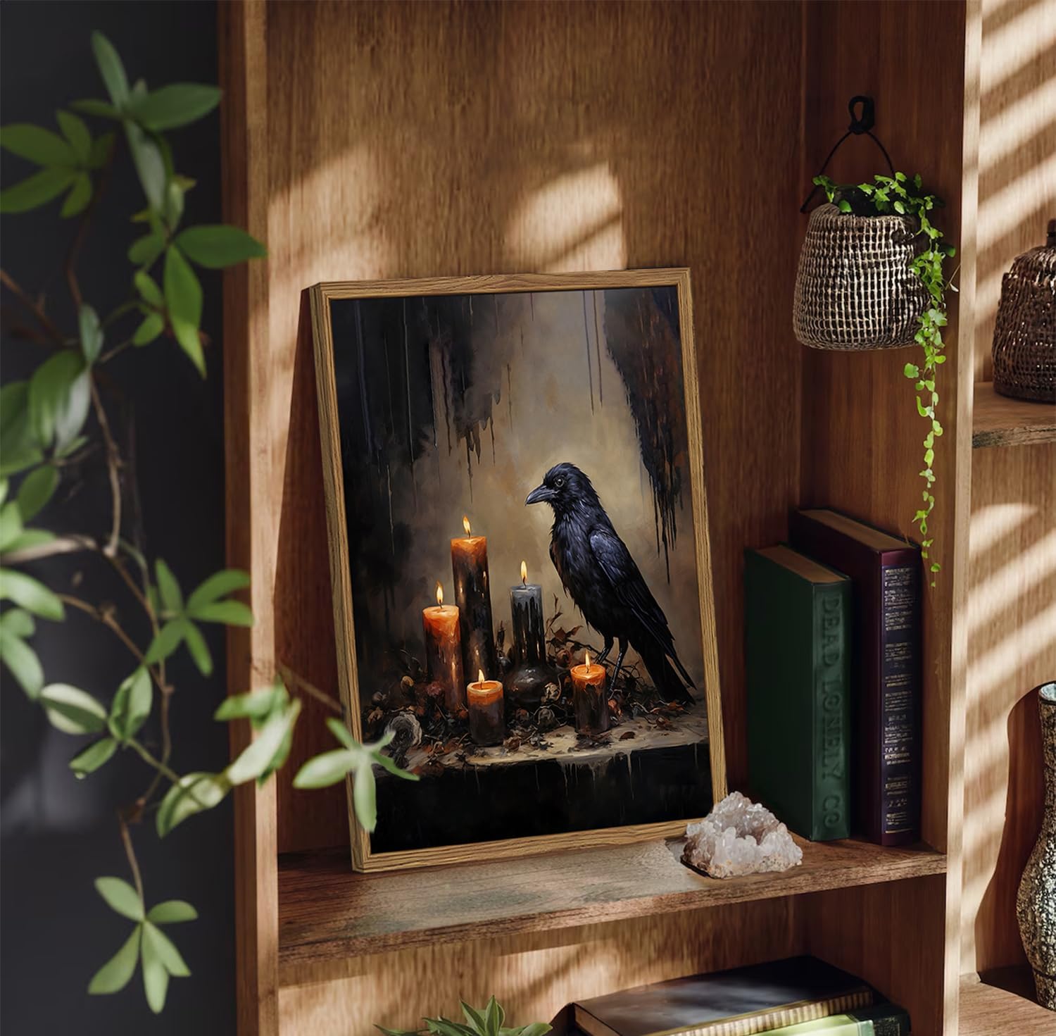 Framed Vintage Halloween Black Raven Canvas Wall Art, Gothic Dark Academia Crow Pictures Wall Decor, Spooky Moody Candlelight Paintings Prints for Living Room Bedroom Bathroom Dorm 16x24 inch