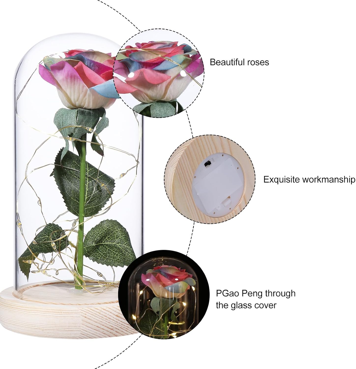 Uonlytech Valentines Preserved Rose Flower Decor with Glass Dome, LED Lighted Rose Ornament, Colorful Artificial Flower with Light Base for Home Decoration