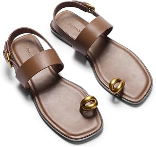 C.Paravano Genuine Leather Sandals for Women Toe Loop Sandals Sumemr Slides Comfrtable Dressy Flats