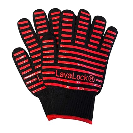 LavaLock BBQ Grilling Cooking Heat Resistant Gloves with Silicone Insulated Protection - High Temp Charcoal BBQ Gloves for Kettle, Kamado, BGE, UDS and Offset Cookers Large Size