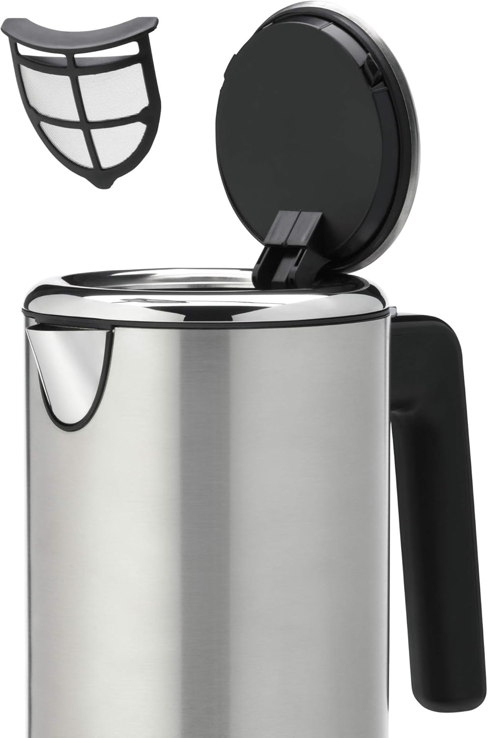 WMF Lono Electric Kettle with its lid open and the removable limescale filter shown separately