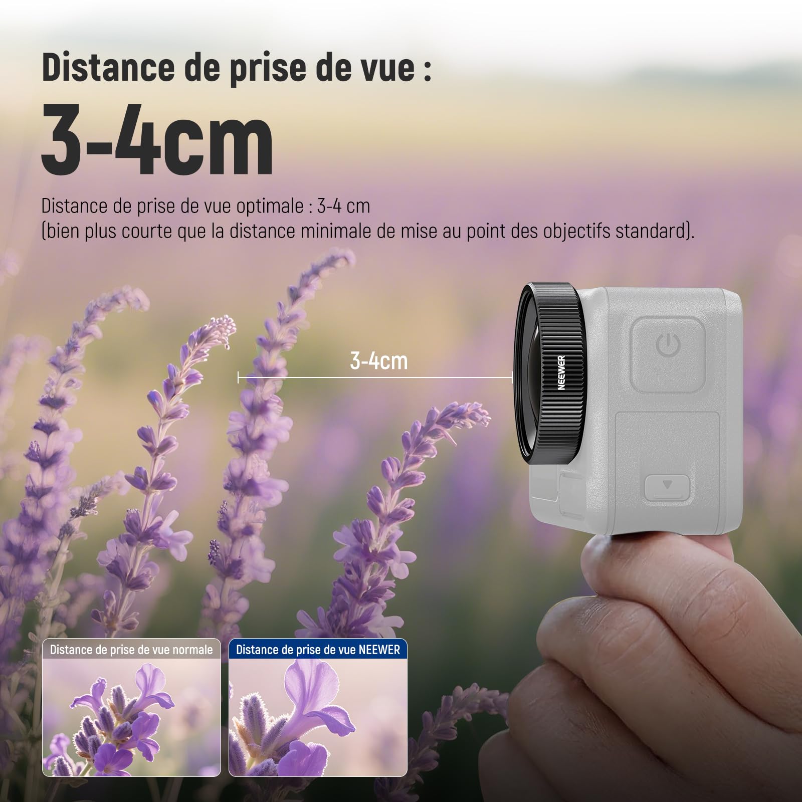 NEEWER Objectif Macro Compatible avecDJI Osmo Action 5 Pro/4 Caméra d'action, Grossissement 2X, 2 Éléments en 1 Groupe, Distance Focale 3-4cm, Accessoire Photographie Gros Plan, Non Étanche, LS-68