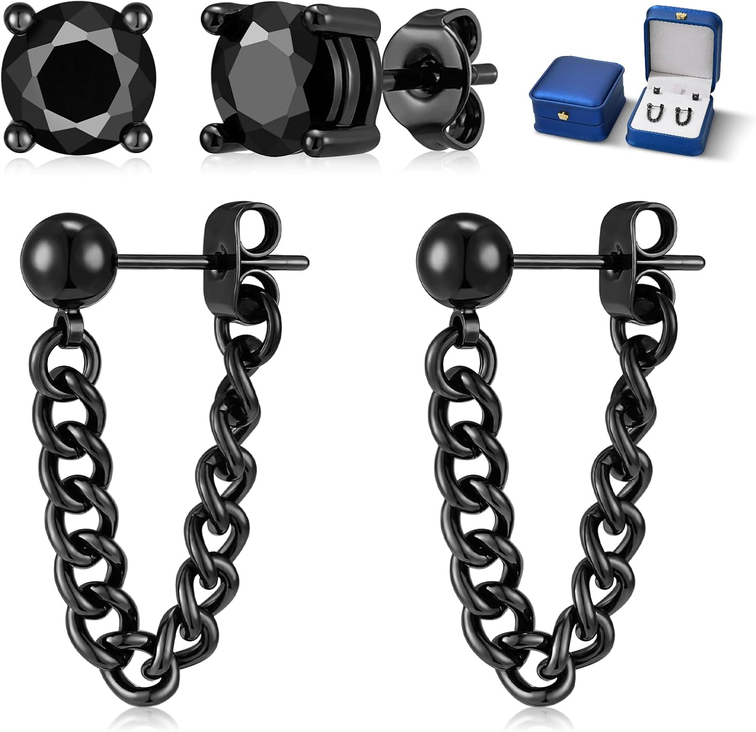 Black Moissanite Stud Earrings for Men Women with Dangling Cuban Links Hypoallergenic Punk Hoop Earrings Mens Jewelry Gifts