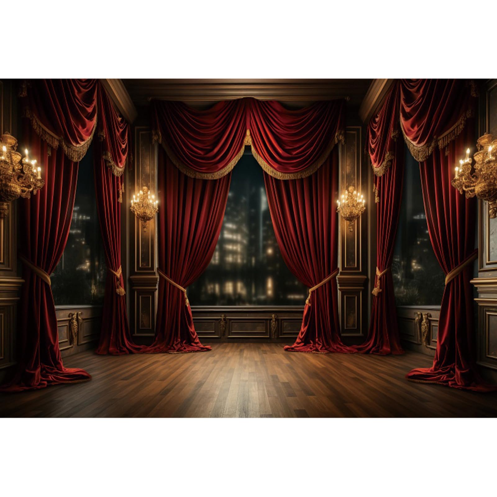 YongFoto Retro Room Interior Red Curtain Glass Window Backdrop 20x10ft Viewing House City Night View Window Photography Background Party Banner