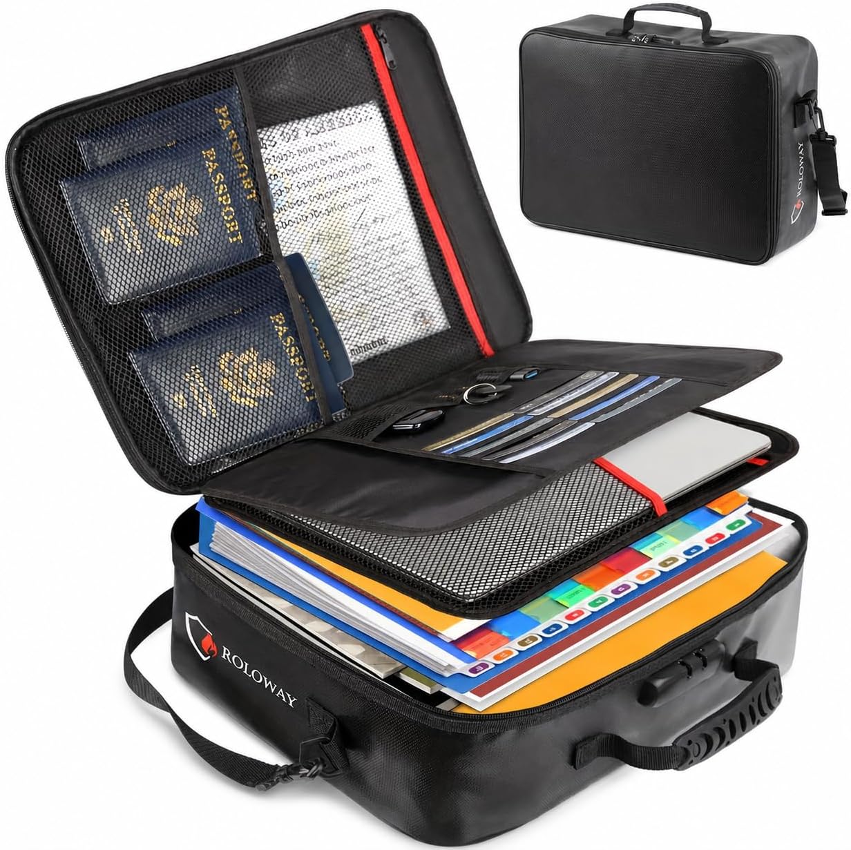 ROLOWAY Fireproof Document Bag with Lock (17 x 11.8 x 5 inch), Important Document Storage Bag with Multi-Layer File Organizers (Black)