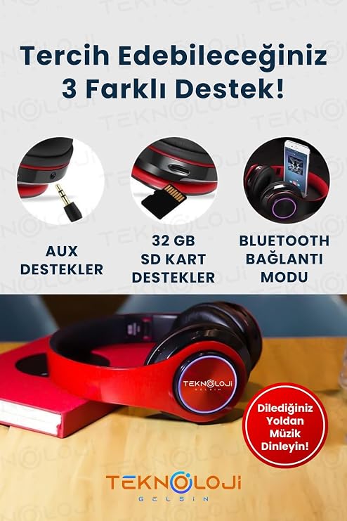 Wireless Earphone Bluetooth Earphone Headset With Microphone Foldable BLACK-RED With Led Light