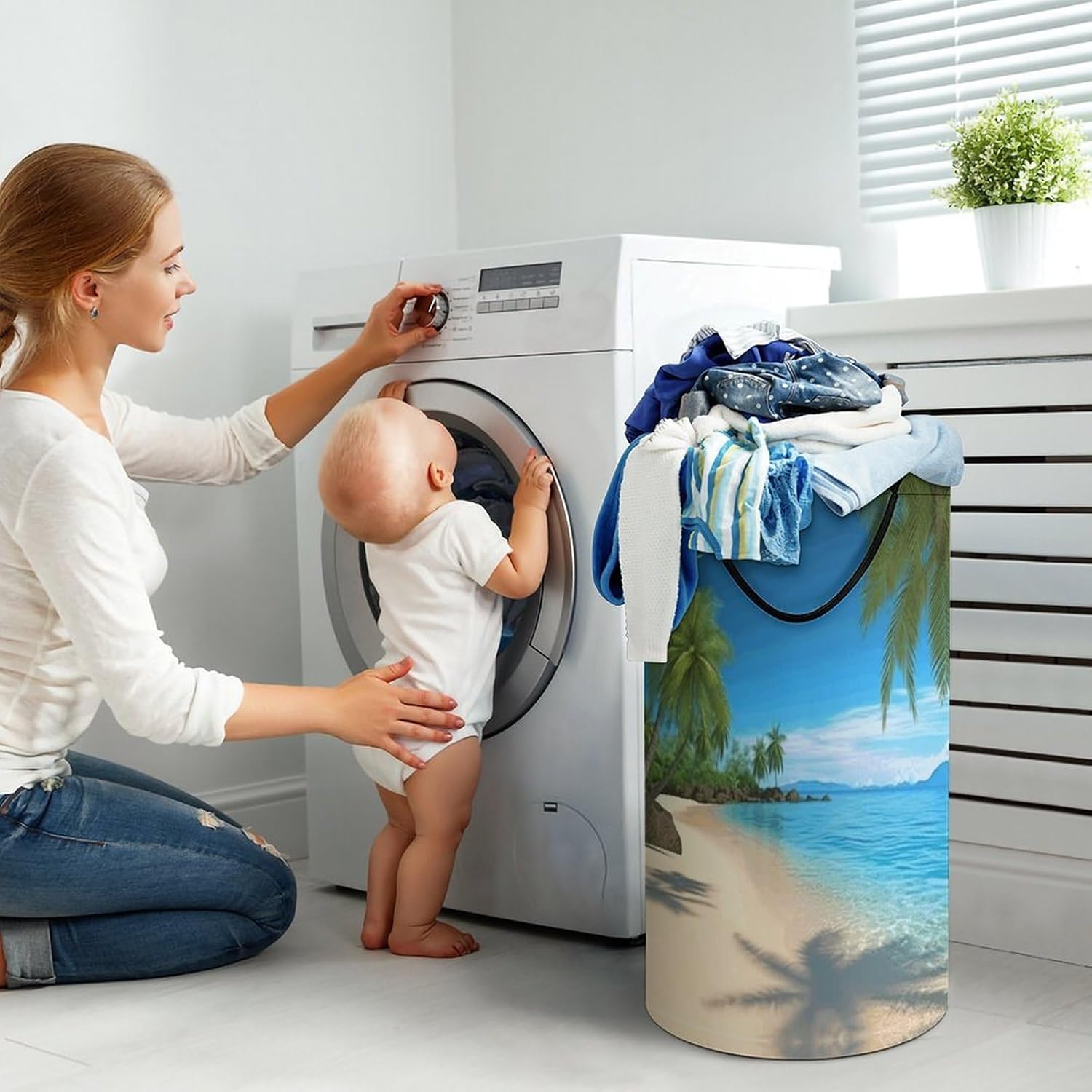 Hawaiian Beach with Palm Trees Laundry Hamper with Handles Waterproof Collapsible Laundry Basket Large Lightweight Round Dirty Clothes Hamper for Home Dorm Bathroom Decor