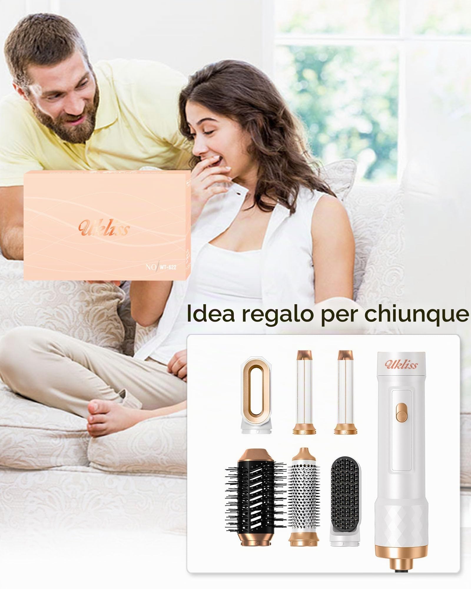 UKLISS 6 in 1 Airstyler, Spazzola Asciugacapelli con Airflow Arricciacapelli Automatico, Hair Dryer, Thermal Brush, Spazzola Lisciante, Spazzola ad Aria Calda, Regali Set per Donne Styling (Bianco)
