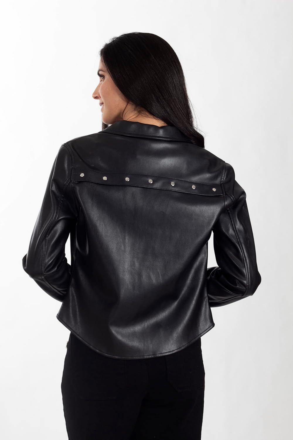 Nine West Women’s Faux Leather Trucker Jacket Black.