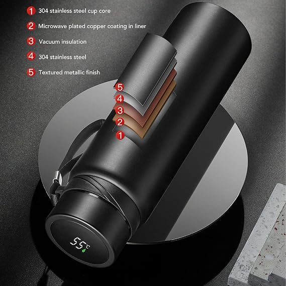 Black Thermal Flask with Intelligent Temperature Display, 34OZ/1L Insulated Water Bottle, Portable Stainless Steel Water Bottle with Strap, Smart Water Bottle for Home, Sports, Outdoor