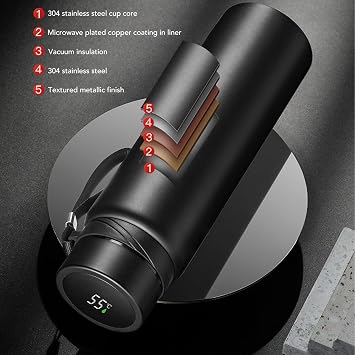 Black Thermal Flask with Intelligent Temperature Display, 34OZ/1L Insulated Water Bottle, Portable Stainless Steel Water Bottle with Strap, Smart Water Bottle for Home, Sports, Outdoor