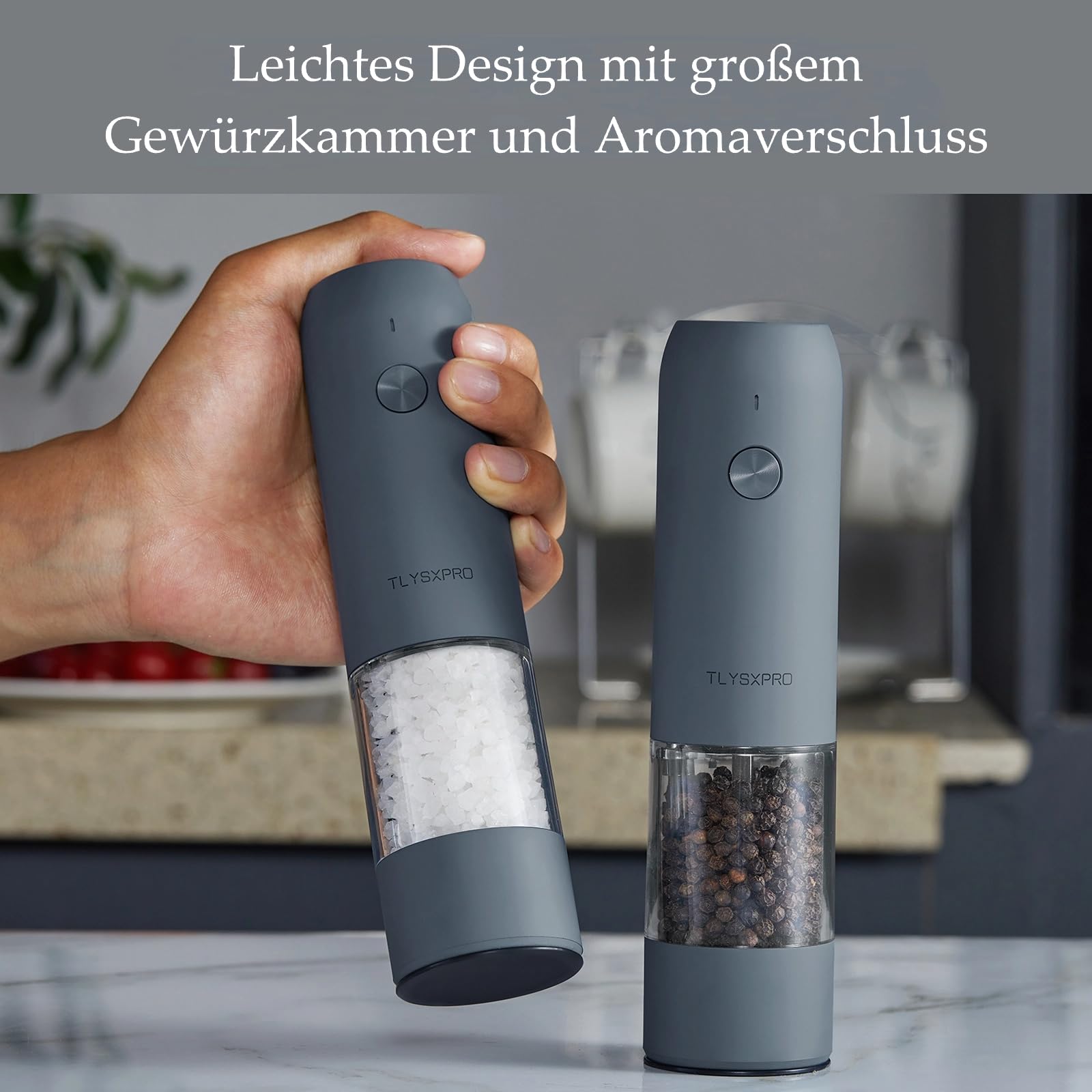 TLYSXPRO Salz und Pfeffermühle Elektrisch 2er Set, USB Wiederaufladbar, Einstellbarer Grobheit Gewürzmühle, Pfeffermühle Elektrische mit LED-Licht, Reinigungsbürste, Küchengeräte, Greige
