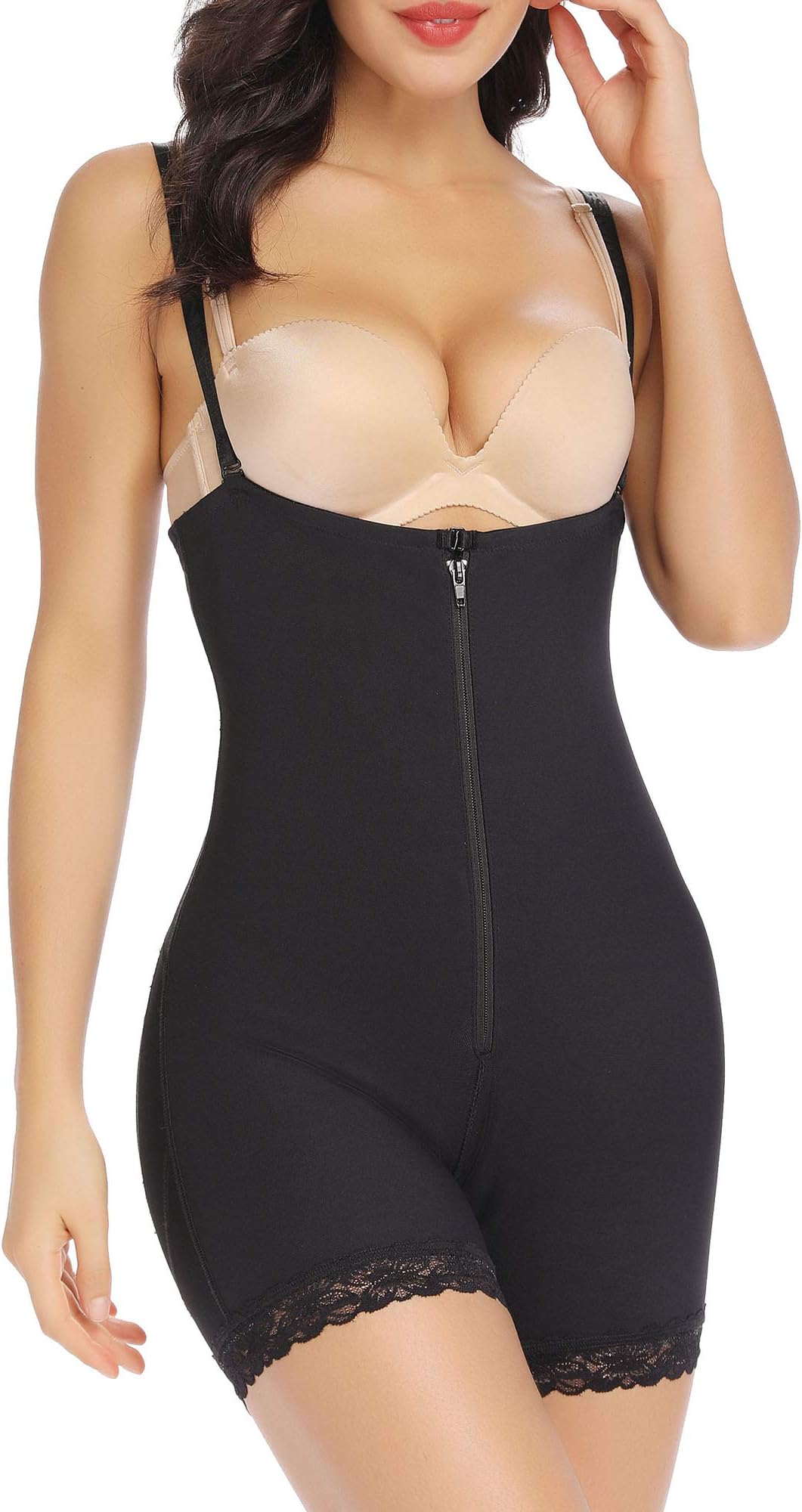 Vaslanda Seamless Open Bust Full Body Shaper Mid Thigh Bodysuit Crotchless Shapewear