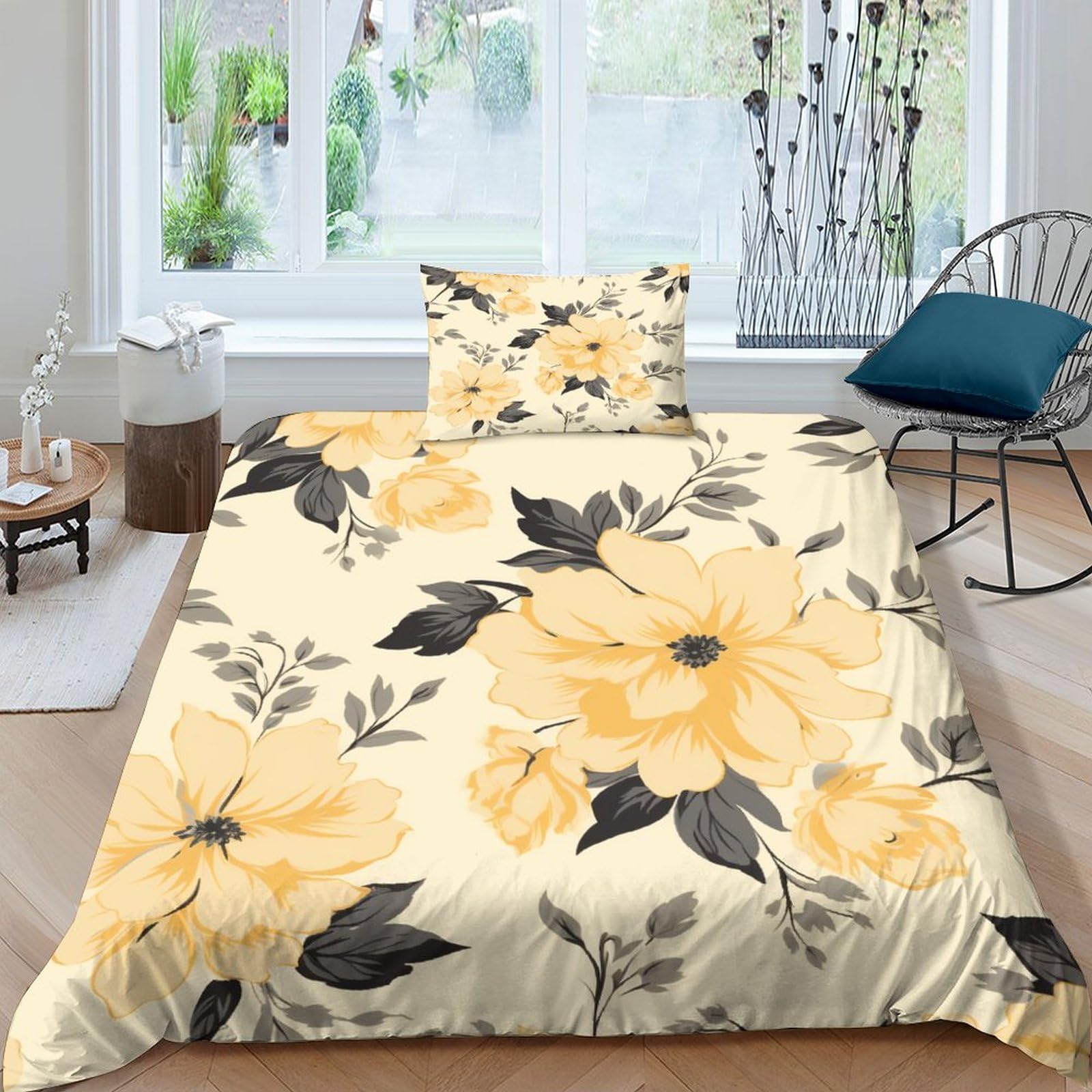 Parure de lit fleurs jaunes housse de couette 135x200 anti-plis pour lit simple microfibre