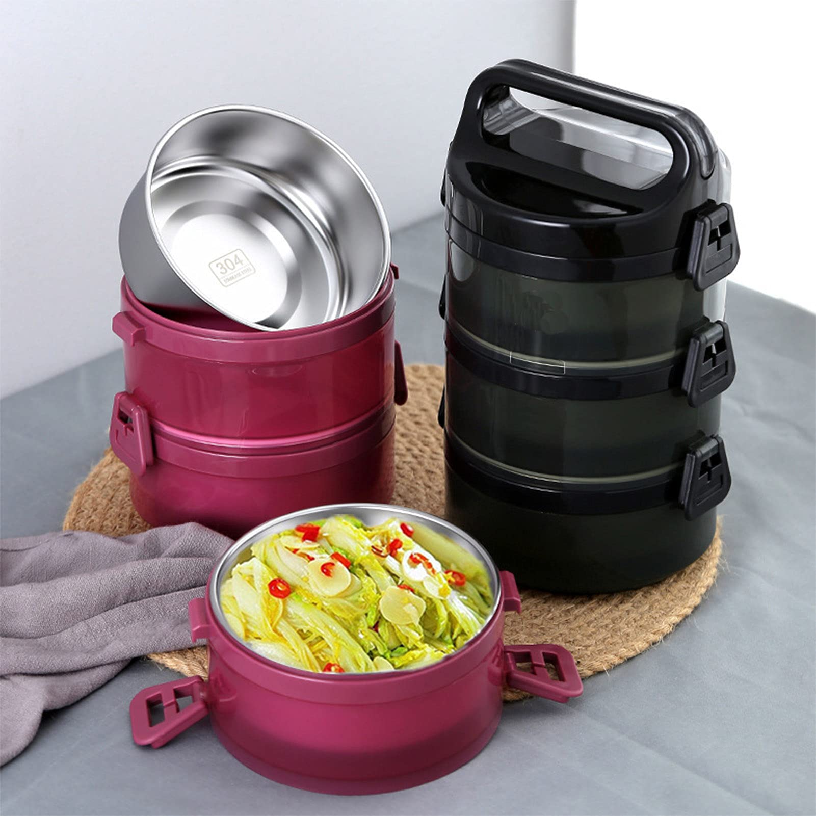 Izolowany termos na gorące jedzenie, szczelny termiczny pojemnik na lunch bento, próżniowy pojemnik do przechowywania żywności ze stali nierdzewnej do szkolnego biura kempingowego,Red,4 Layers