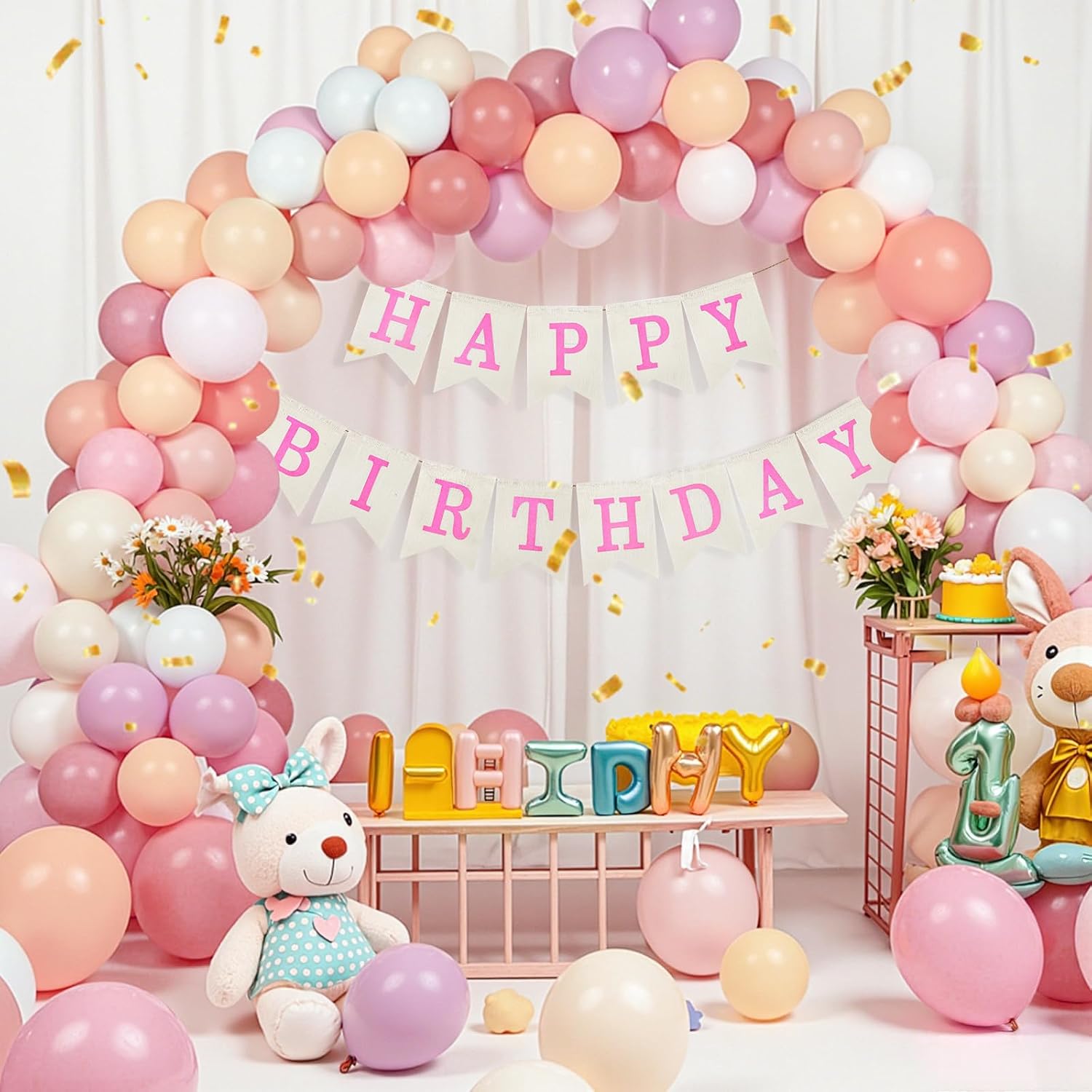 Babenest Burlap Happy Birthday Banner Sign for Party Deco, Pink image 2