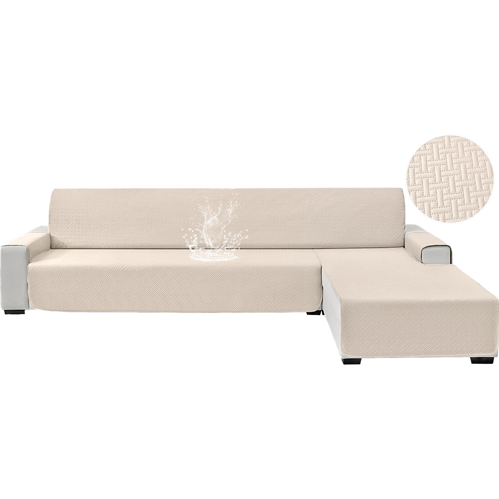 Waterproof 3 Seater Long Sofa Cover, Universal Reversible Left/Right Chaise Longue Sofa Cover, Non-Slip L Sofa Covers, Anti-Stain, for Cats Dogs, Beige Global Recycled Standard Global Recycled Standard Global Recycled Standard