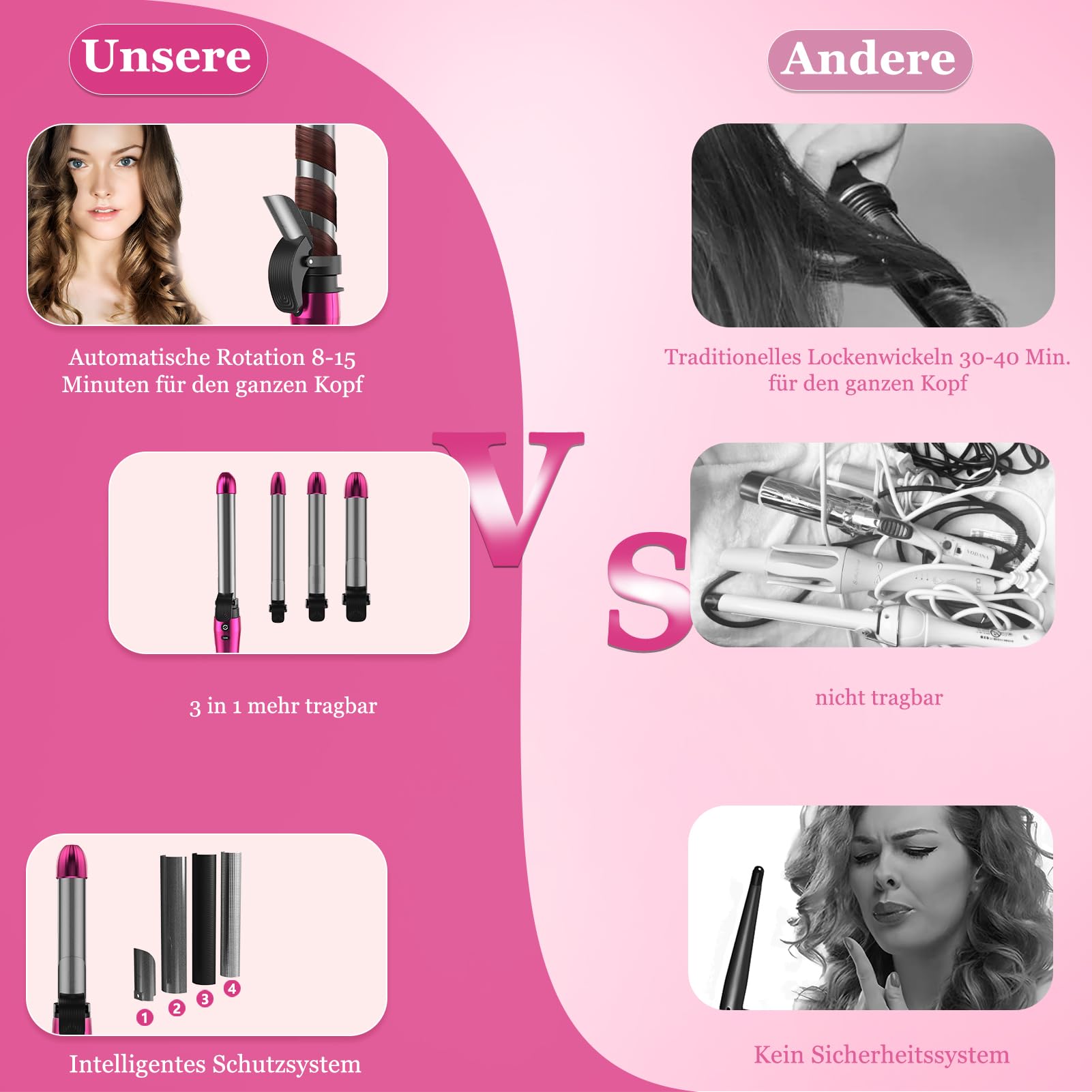 3 in 1 Lockenstab Automatisch Negatives Ion 360° Rotierender, 9/25/32 mm, Automatic Hair Curler, Automatischer Lockenstab für lange, mittellanges haare, mit LCD-Display,160-220℃
