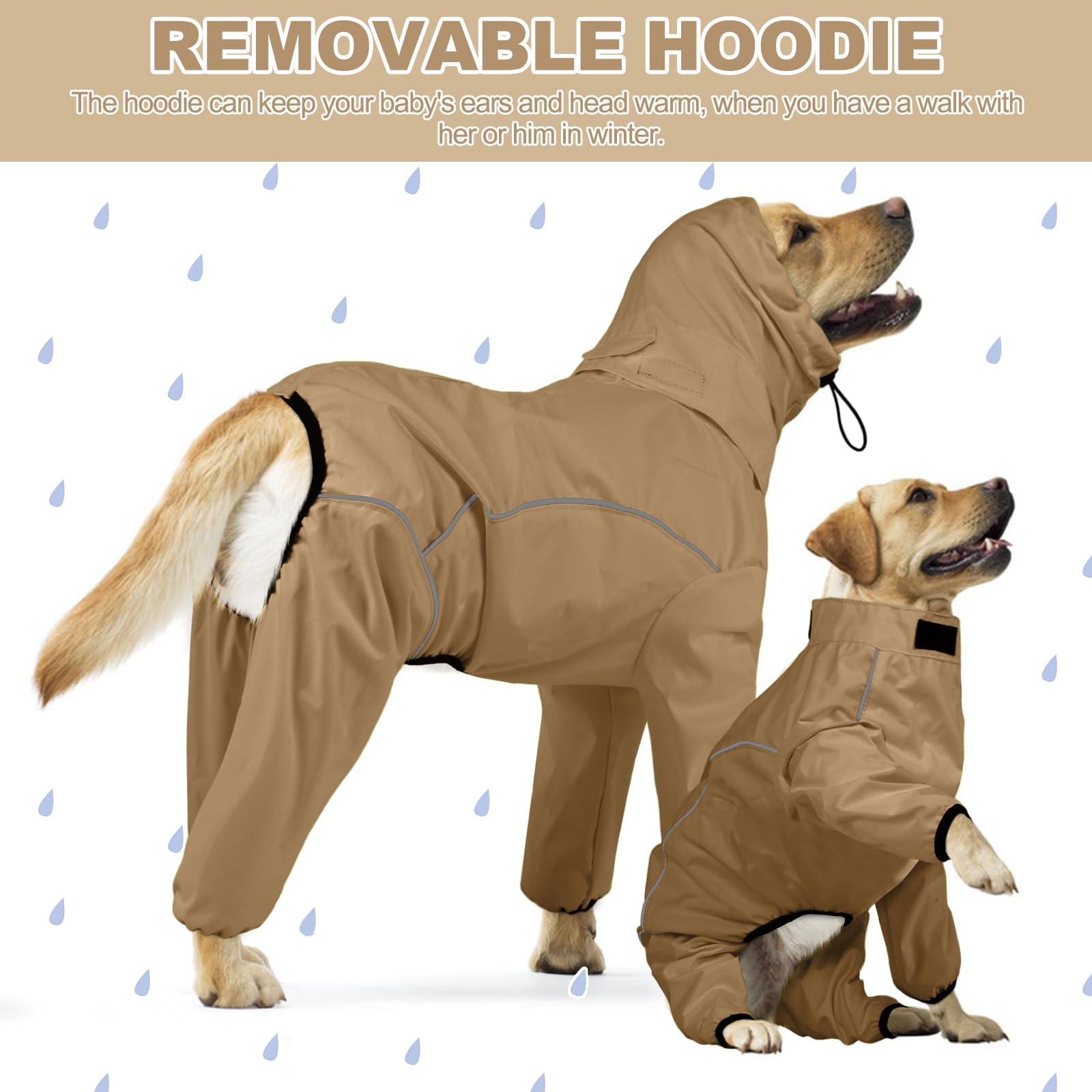 Hunde-Regenmantel, wasserdichte Hunde-Regenjacke mit Abnehmbarer Kapuze, Verstellbarer 4-Beine-Haustier-Poncho mit Leinenloch, reflektierende Streifen, Kapuzen-Schneeschutz, Winddichte Kleidung für