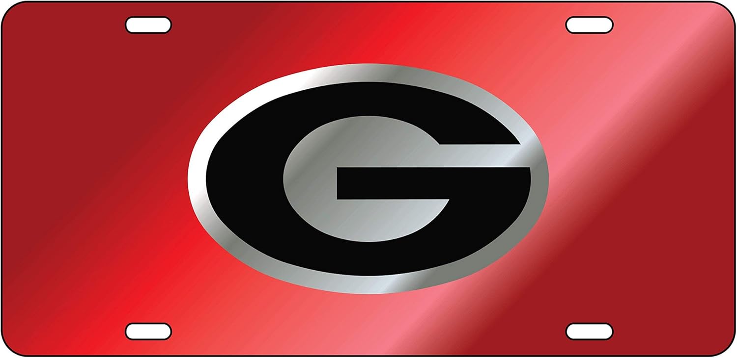 Sports Addiction Georgia Bulldogs Mirror Laser License Plate Tag Mirror Red background, Silver, Black - G logo