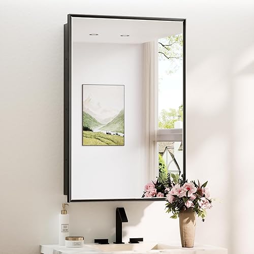 Miniatura 26 de TokeShimi Botiquín empotrado de 26 x 30 pulgadas con espejo montado en la pared, espejo biselado de metal con almacenamiento para tocador de baño