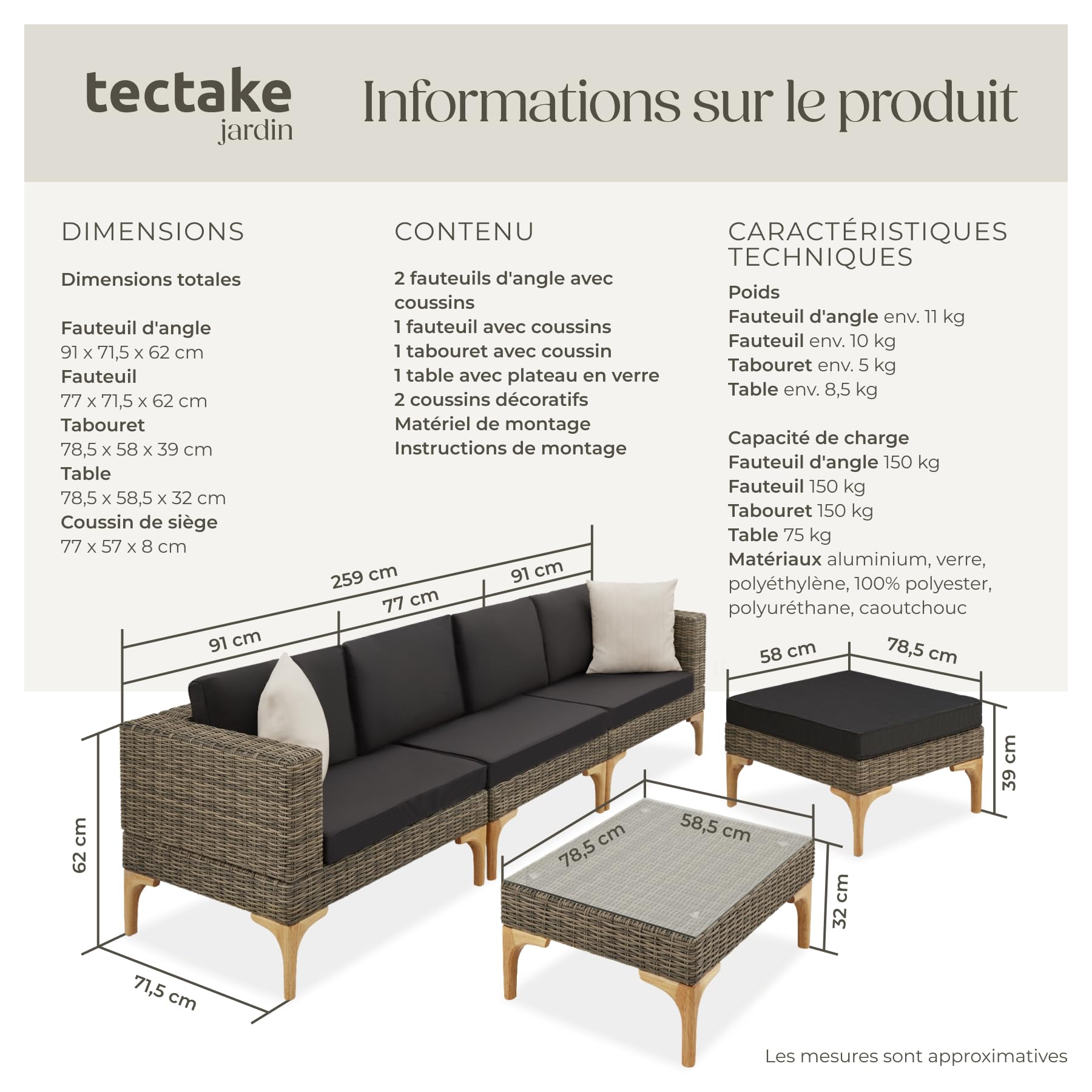 tectake® Ensemble Salon de Jardin Exterieur en Poly Rotin Modulable Bain de Soleil 4 Places 1 Canapé 1 Tabouret Pouf et 1 Table de Jardin, Mobilier de Jardin pour Amenagement Balcon Terrasse Veranda