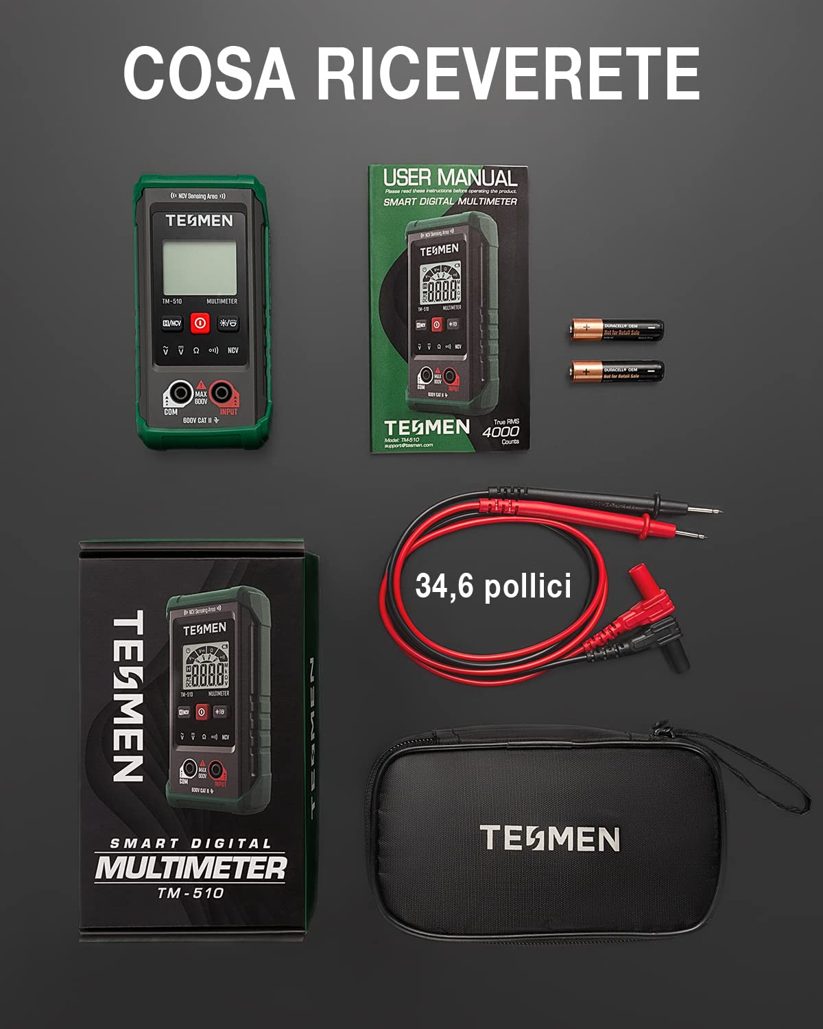 TESMEN TM-510 Multimetro Digitale, 4000 Conta Tester Elettricista, Misurazione Smart, Autoranging, Senza Contatto, Misura Tensione AC/DC, Resistenza, Continuità – Verde