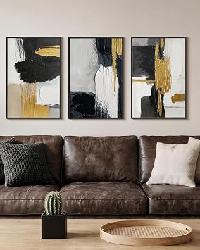 Extra Large Abstract Hand Applied Raised Paint Texture Canvas Wall Art Set of 3, Black White Gold Triptych Artwork Solid Wood Frame 24x36, Modern Oversized Luxury Living Room Office Bedroom Decor