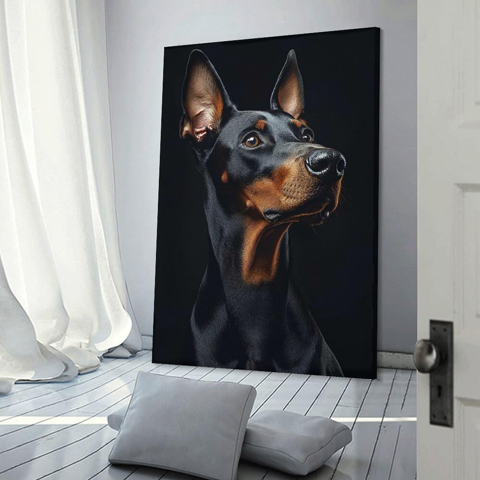 Junmoney Doberman Pinscher Portrait on Black Background Room Decor Wall Art, 24x36inch(60x90cm), for Living Room, Lounge Or Sitting Room, A Home Accent with Warm Character