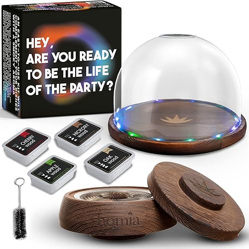 Kit de ahumador de cóctel con base de madera LED y cúpula de cristal, 7.8 x 4.7 pulgadas, madera de alta calidad, ahumador de bar de madera para
