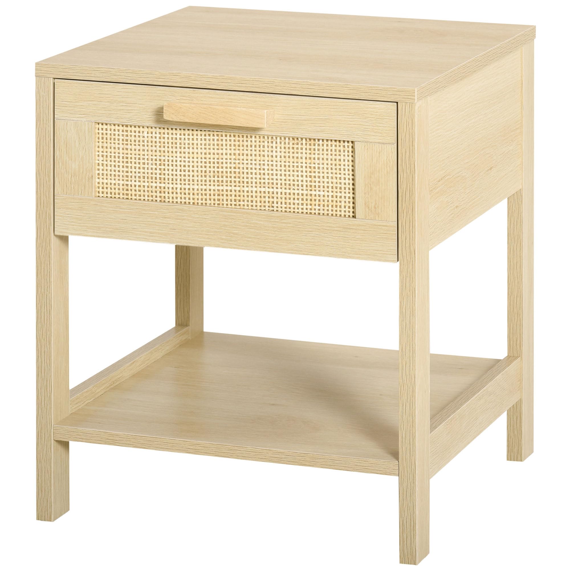 HOMCOM Bedside Table with Rattan Drawer, Nightstand, Storage Open Shelf