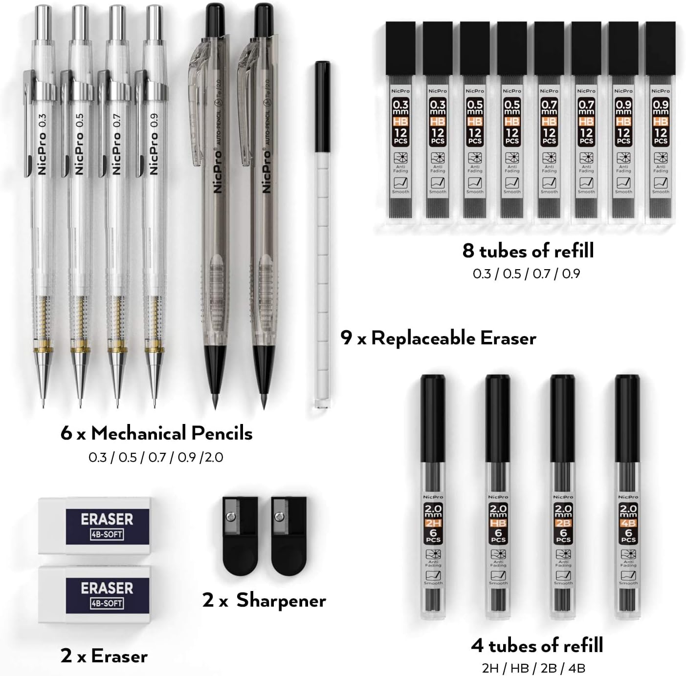 Nicpro 6 PCS Art Mechanical Pencils Set with Case, Drafting Pencil 0.3 & 0.5 & 0.7 & 0.9 mm & 2mm Graphite Lead Holder 4B 2B HB 2H For Art Writing Sketching Drawing With Lead Refills Eraser Sharpener