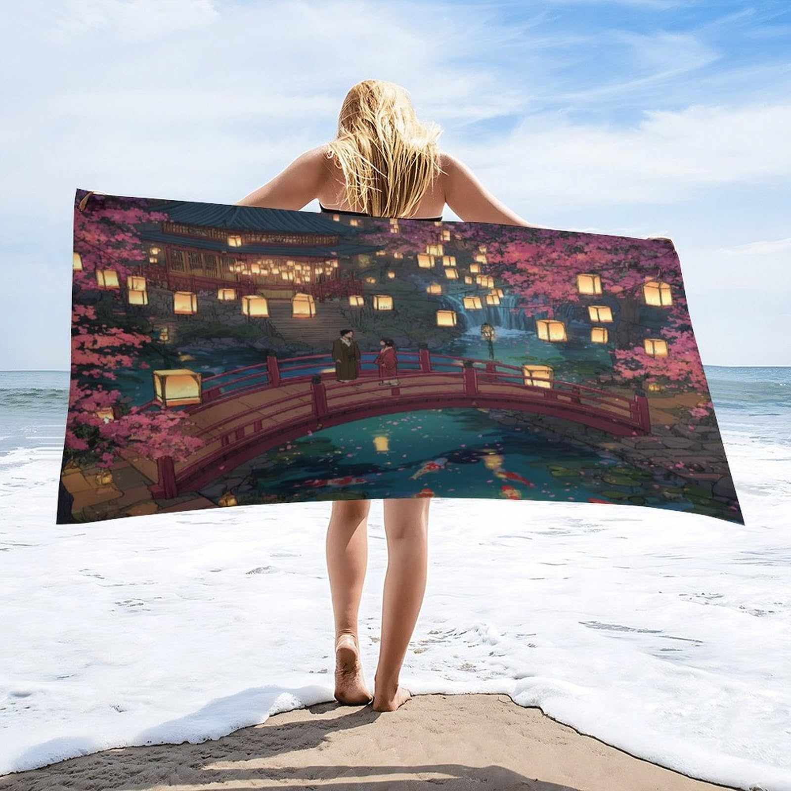 Luyysky Vintage Abstract Japanese Geisha Absorbent Beach Towel, Beautiful Anime Plant Cherry Blossoms Animal Fish Pattern Outdoor Single-Sided Velvet Beach Towel-80 W Cm X 160" L Cm