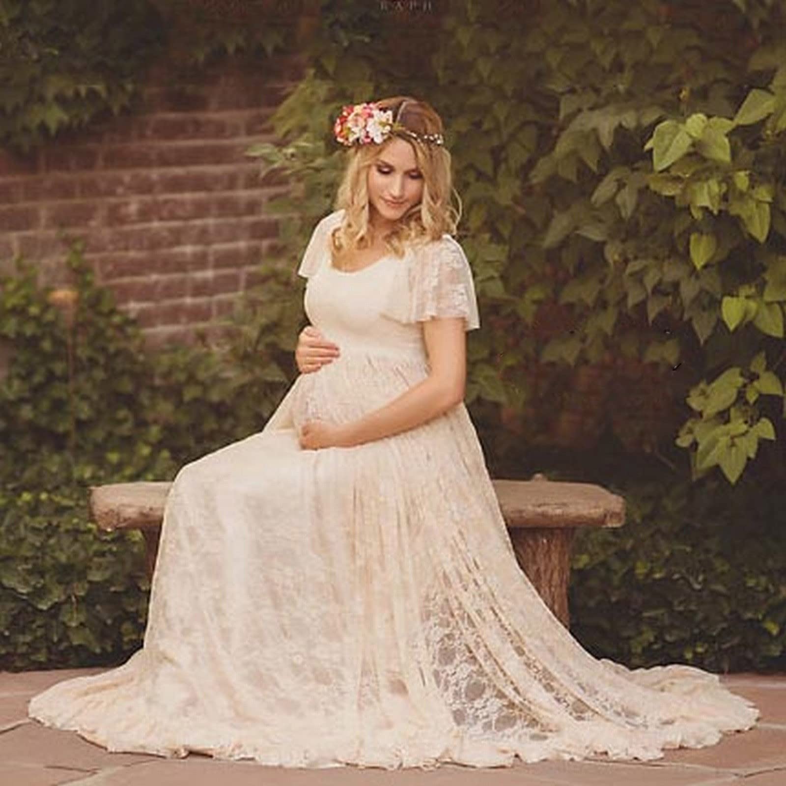 Generisch Vestido de maternidad de encaje con volantes de manga corta, vestido largo, fotografía, vestido de maternidad con mangas voladoras