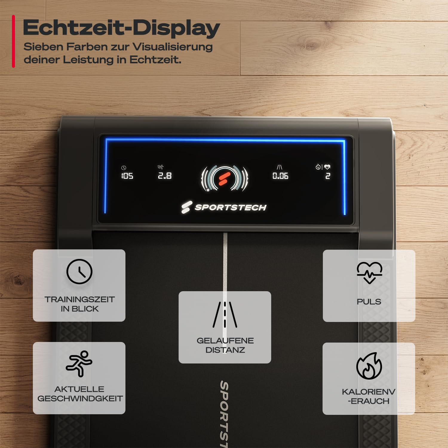 Sportstech Walking Pad sWalk Fold, Laufband für Zuhause Klappbar mit LED-Beleuchtung, App-Steuerung, bis 6 km/h, kompakt mit Transportrollen, leises Treadmill, Home Office & Schreibtisch, bis 150 kg