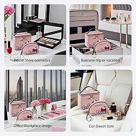 AmBealla Travel Makeup Bag Large Cosmetic Bags with Brush Holder, Pink Waterproof 2PCS Portable Cosmetic Case for Women, Toiletry Storage Bag for Skincare & Beauty Tools for Girls